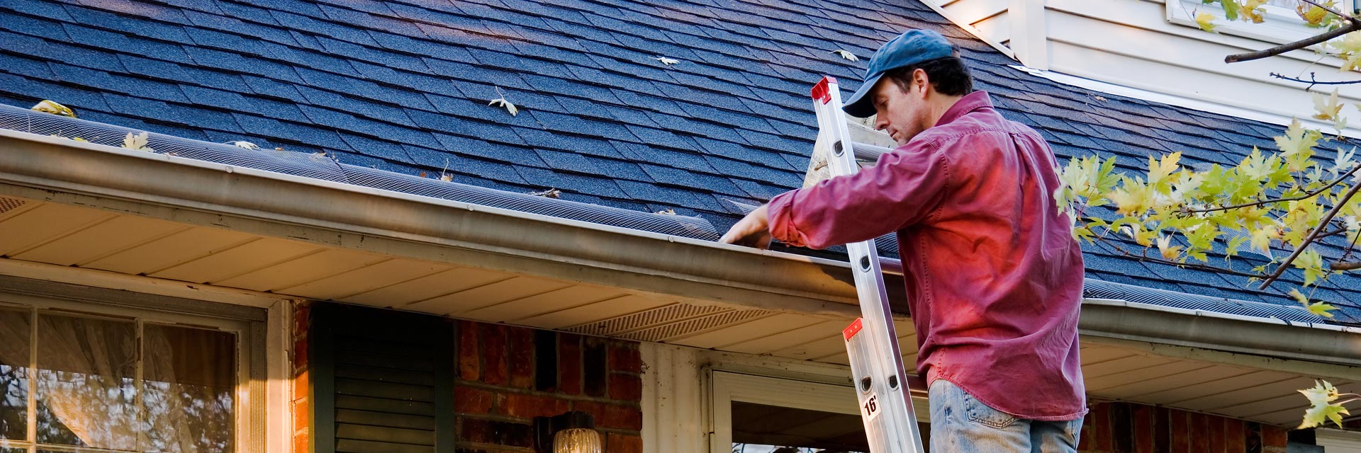 Man Cleaning Gutters On Ladder